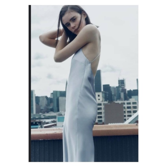 ZARA Light Blue Open Back Satin Midi Slip Dress Medium Blogger Favorite NWT Sexy - Picture 5 of 8